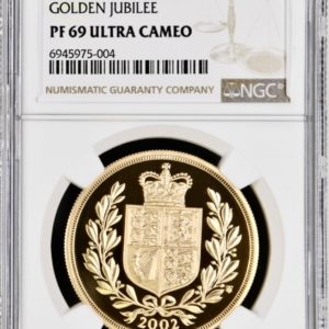 2002 Gold Proof Five Sovereign (5 Pounds - £5), Golden Jubilee. NGC Graded PF69UCAM