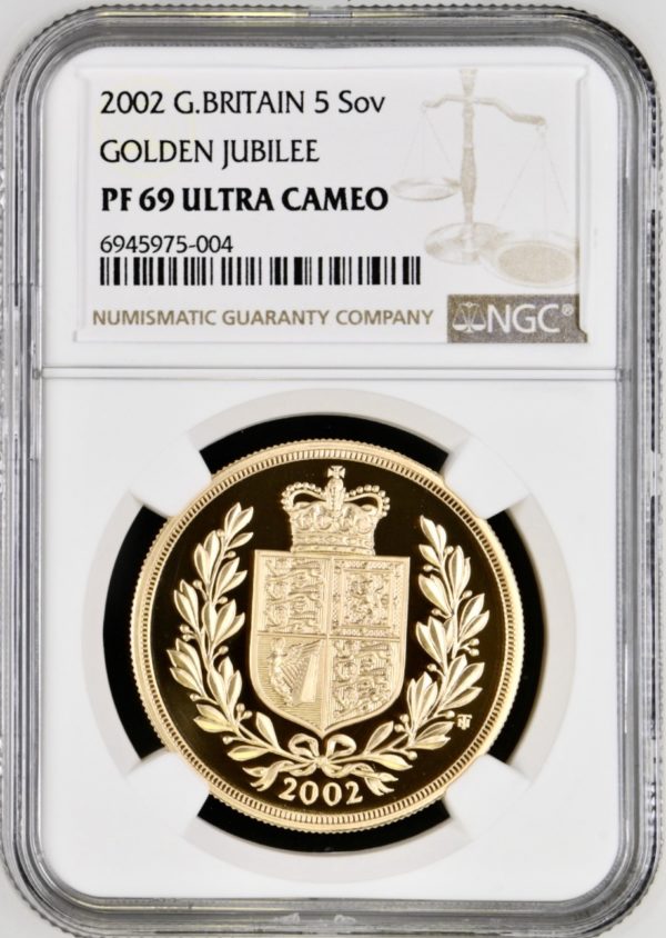 2002 Gold Proof Five Sovereign (5 Pounds - £5), Golden Jubilee. NGC Graded PF69UCAM