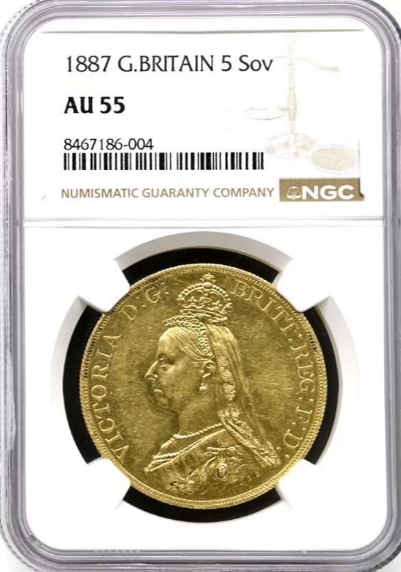 1887 Gold 5 Pound Sovereign, NGC Graded AU55