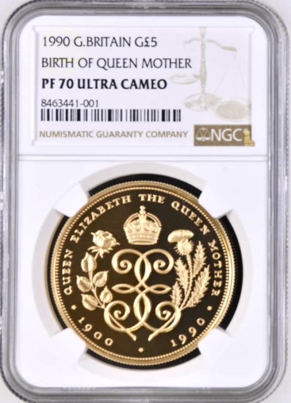 1990 Queen Mother Anniversary of Birth, Gold Proof Five Pound Coin (£5) NGC Graded PF70 Ultra Cameo.