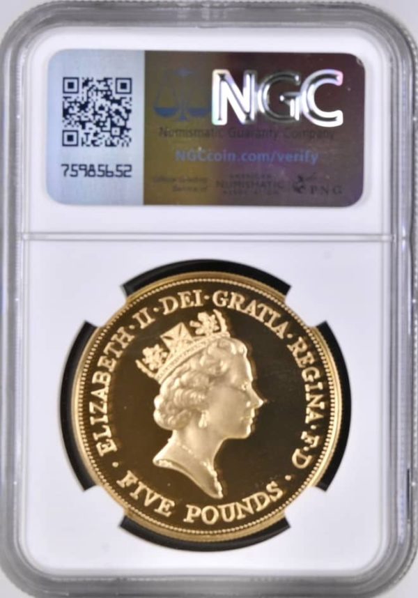 1990 Queen Mother Anniversary of Birth, Gold Proof Five Pound Coin (£5) NGC Graded PF70 Ultra Cameo. - Image 2