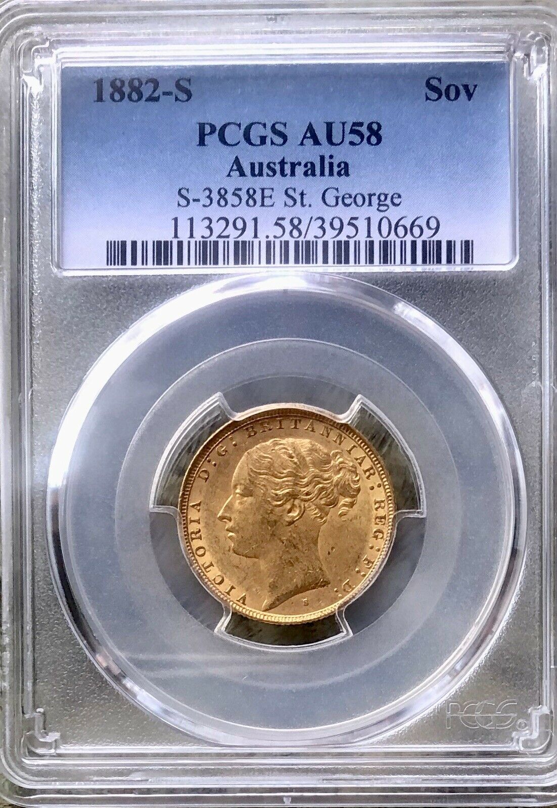 1882 Gold Sovereign Coin Sydney S PCGS Grade AU58 Queen Victoria St George