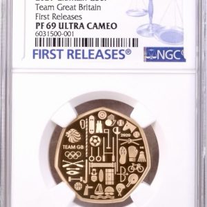Team GB 2021 UK 50p Gold Proof Coin, Olympic Games Fifty Pence. NGC Graded PF69 Ultra Cameo.