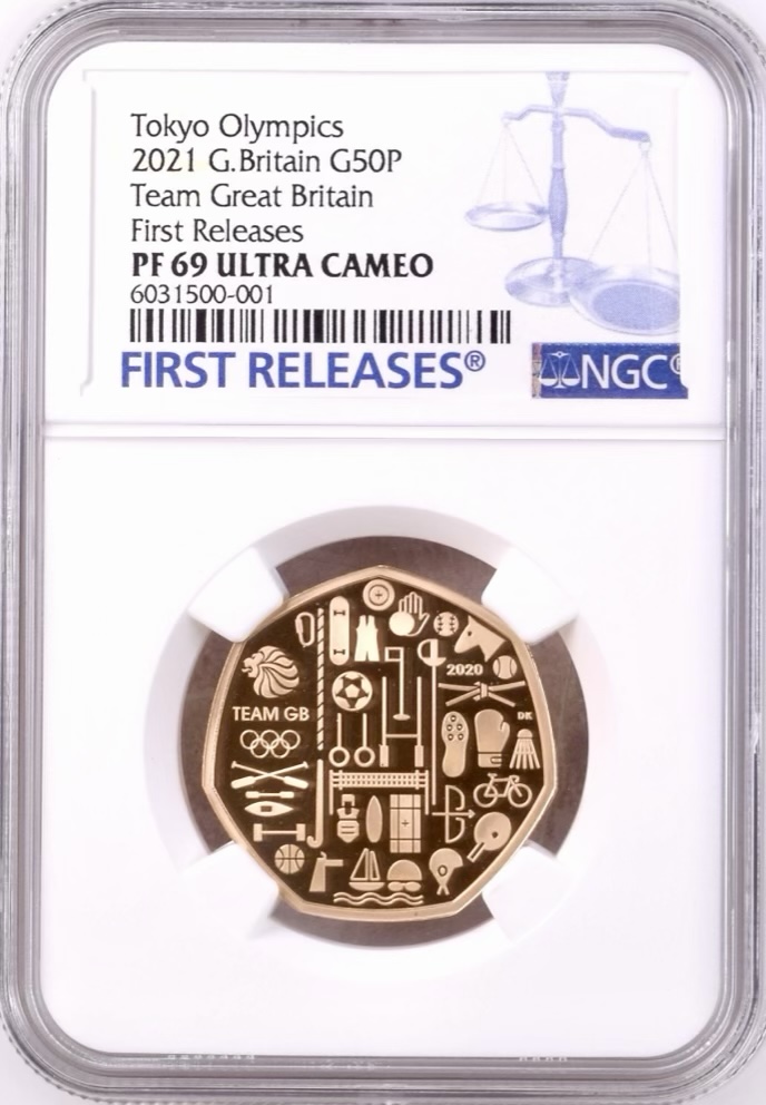 Team GB 2021 UK 50p Gold Proof Coin, Olympic Games Fifty Pence. NGC Graded PF69 Ultra Cameo.