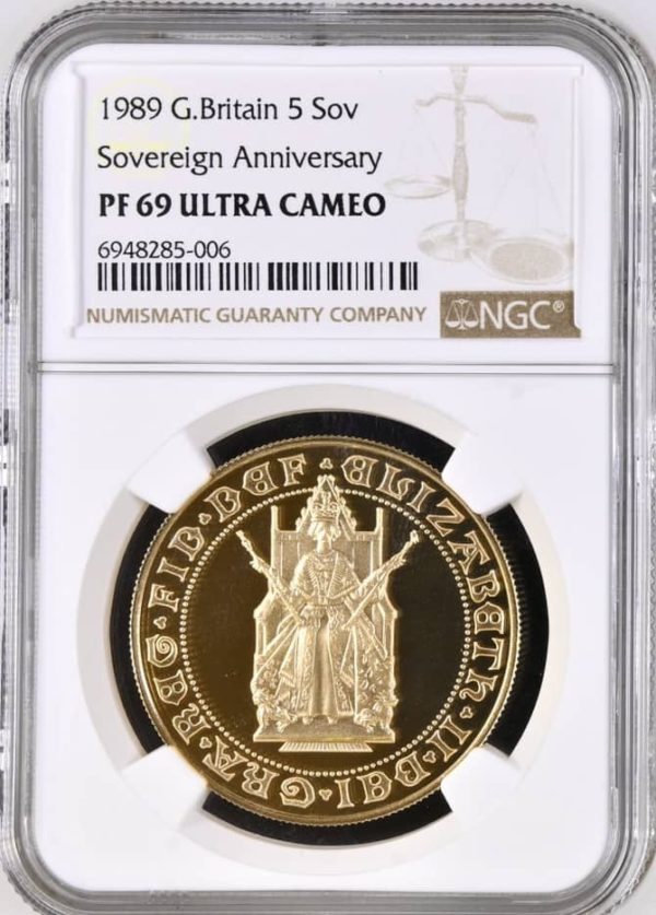 1989 Gold Proof Five Sovereign (5 Pounds, £5), NGC Graded PF69 Ultra Cameo, Tudor Rose.