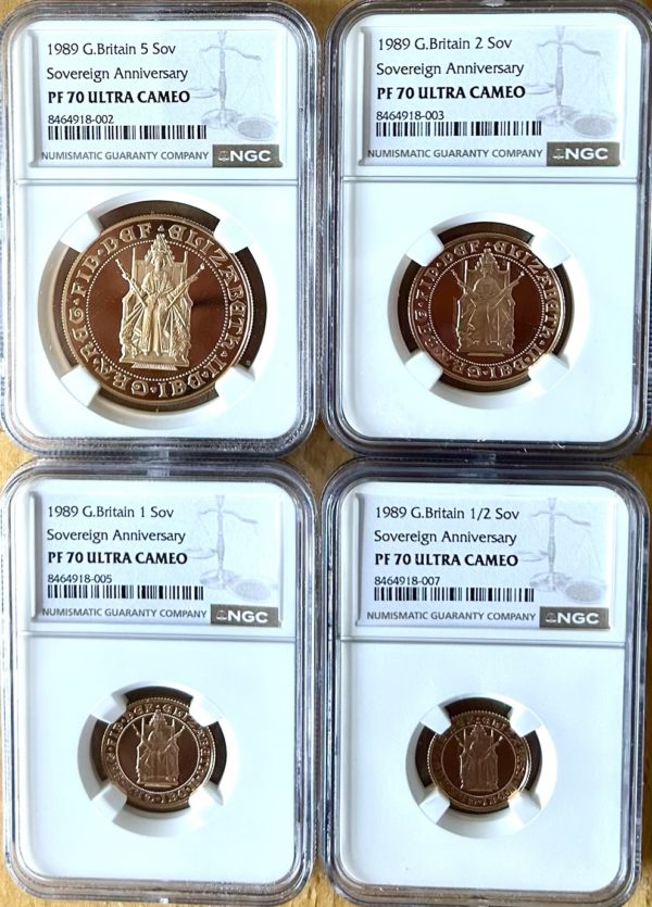 1989 Gold Proof Four Coin Set, Five Pounds Sovereign To Half Sovereign. All NGC Graded PF70 Ultra Cameo, Tudor Rose.
