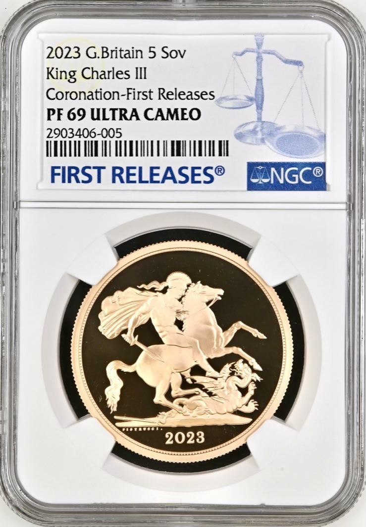 2023 King Charles III Coronation, Gold Proof Five Pounds Sovereign (£5), NGC Graded PF69 Ultra Cameo - Image 2