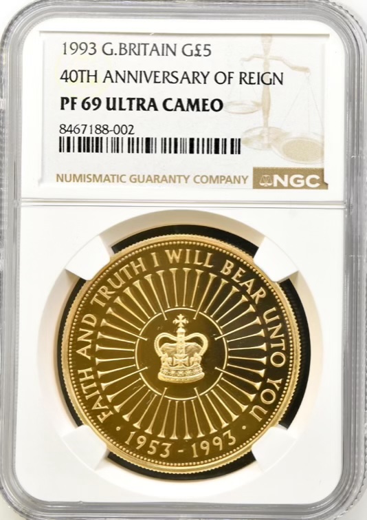 1993 Gold Proof Five Pounds Crown (£5), Coronation Anniversary NGC Graded PF69 Ultra Cameo