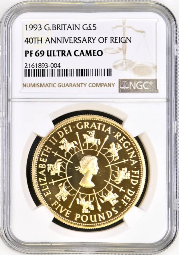 1993 Gold Proof Five Pounds Crown (£5), Coronation Anniversary NGC Graded PF69 Ultra Cameo