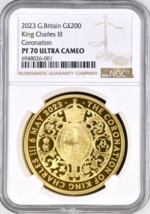 2023 Gold Proof £200 King Charles III Coronation (Two Ounce Coin), NGC Graded PF70 Ultra Cameo