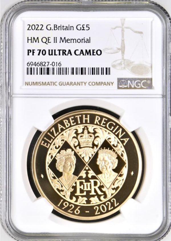 2022 Gold Proof Five Pounds (£5) Queen Elizabeth II Memorial, NGC Graded PF70 UCAM