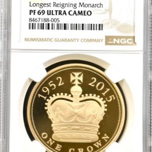 2015 Gold Proof Five Pounds Crown (£5) Queen Elizabeth II Longest Reigning Monarch. NGC Graded PF69 Ultra Cameo.