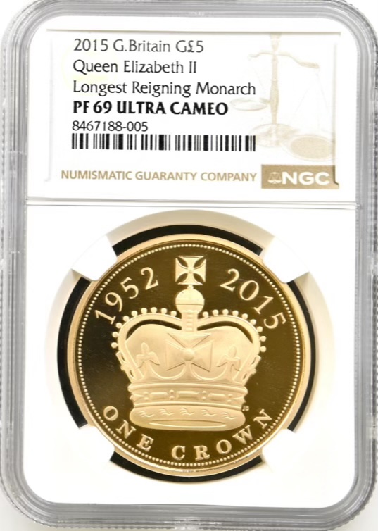 2015 Gold Proof Five Pounds Crown (£5) Queen Elizabeth II Longest Reigning Monarch. NGC Graded PF69 Ultra Cameo.