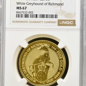 2021 White Greyhound of Richmond Gold 100 Pounds - Queens Beast One Ounce Coin - NGC Graded MS67
