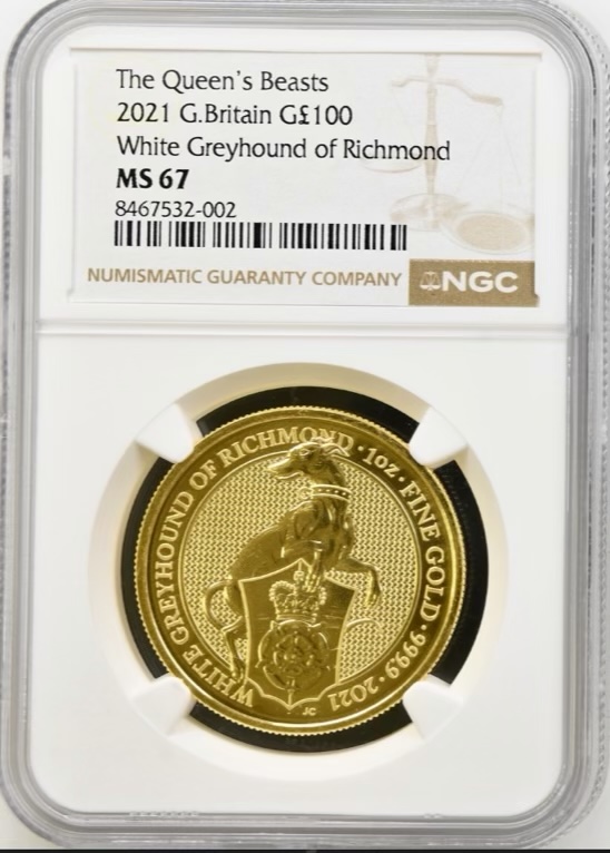2021 White Greyhound of Richmond Gold 100 Pounds - Queens Beast One Ounce Coin - NGC Graded MS67