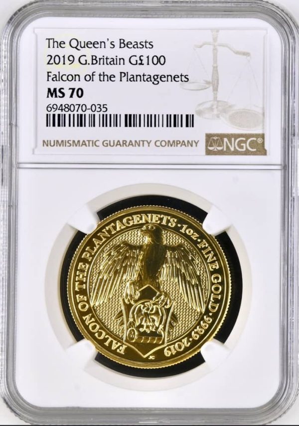 2019 Falcon of  Plantagenets Gold 100  Pounds - Queens Beast One Ounce Coin - NGC Graded MS70