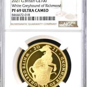 2021 White Greyhound of Richmond Gold Proof £100 - Queens Beast One Ounce Coin - NGC Graded PF69 UCAM