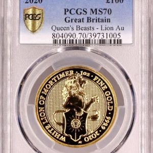 2020 White Lion of Mortimer - Queens Beast Gold £100, One Ounce Coin (1oz) - PCGS Graded MS70