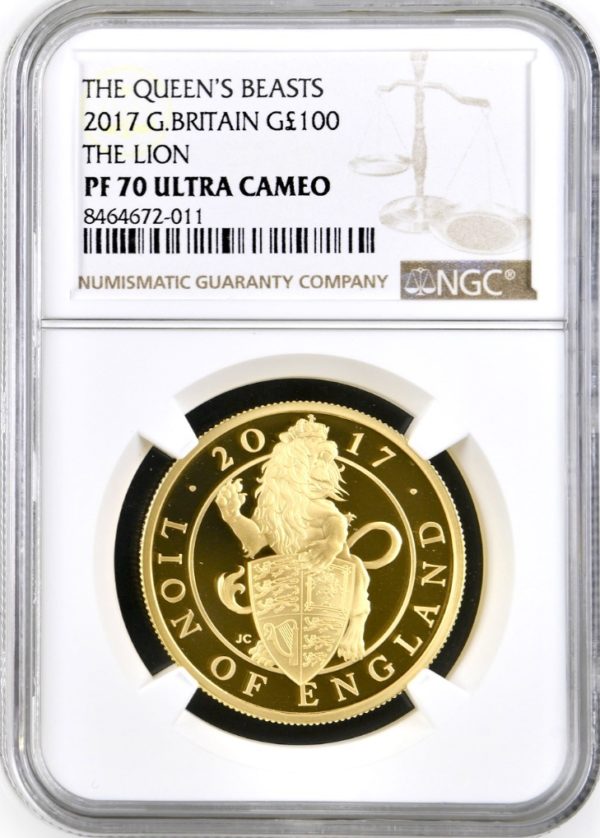 2017  Lion of England  Queens Beasts Gold Proof 100 Pounds, One Ounce Coin (1oz) - NGC Graded PF70 Ultra Cameo