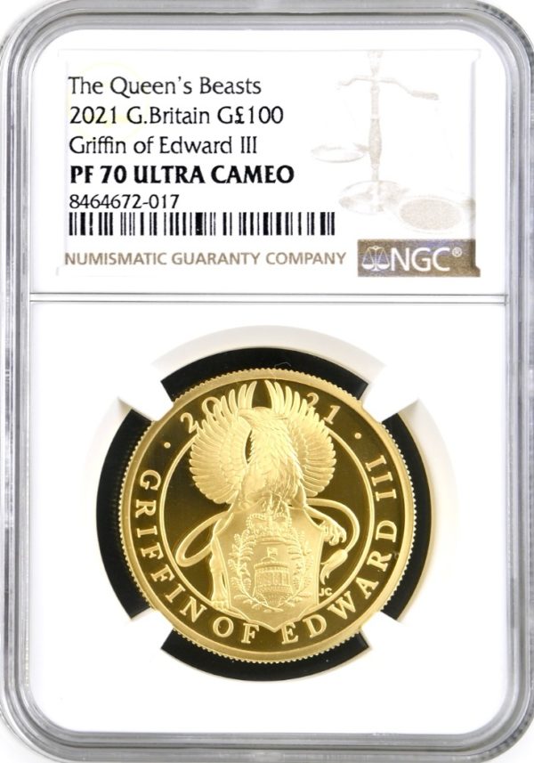 2021 Griffin of Edward III Queens Beast Gold Proof 100 Pounds, One Ounce Coin (1oz) - NGC Graded PF70 Ultra Cameo.