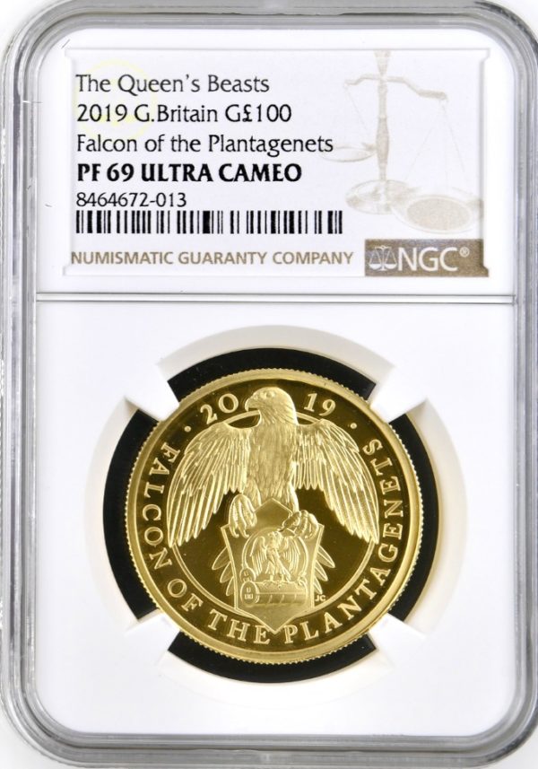 2019 Falcon Of The Plantagenets Queens Beasts Gold Proof 100 Pounds, One Ounce Coin (1oz) - NGC Graded PF69 Ultra Cameo.