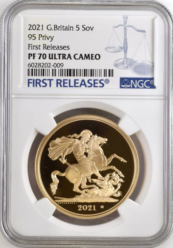 2021 Gold Proof Five Pounds Sovereign, (£5) George And Dragon, NGC Graded PF70 Ultra Cameo