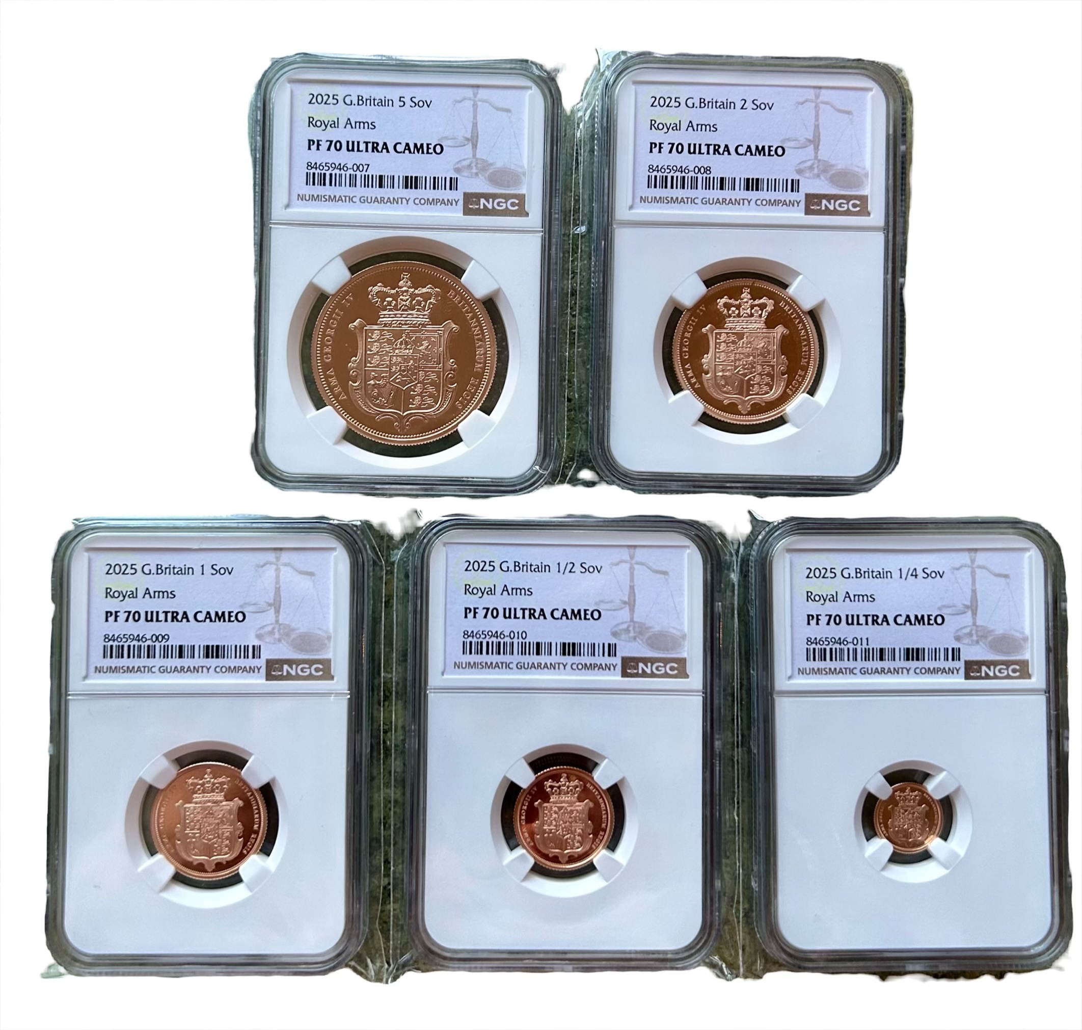 2025 Gold Proof Five Coin Sovereign Set - Royal Arms - NGC Graded PF70 Ultra Cameo