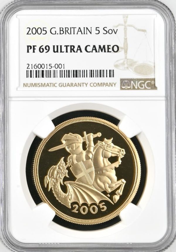 2005 Gold Proof Five Sovereign, (5 Pounds / £5). NGC Graded PF69 Ultra Cameo.