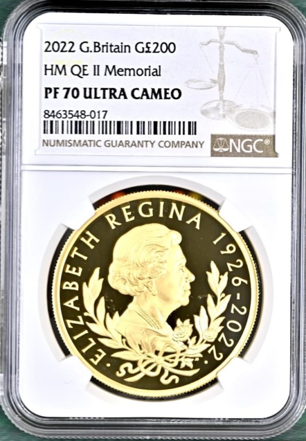 2022 Gold Proof £200 Queen Elizabeth II Memorial - Two Ounce Coin. NGG Graded PF70 Ultra Cameo