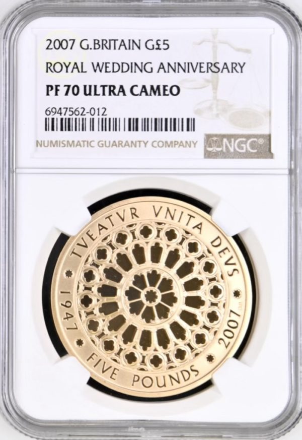 2007 Royal Wedding Anniversary Gold Proof Five Pound Crown (£5), NGC Graded PF70 Ultra Cameo
