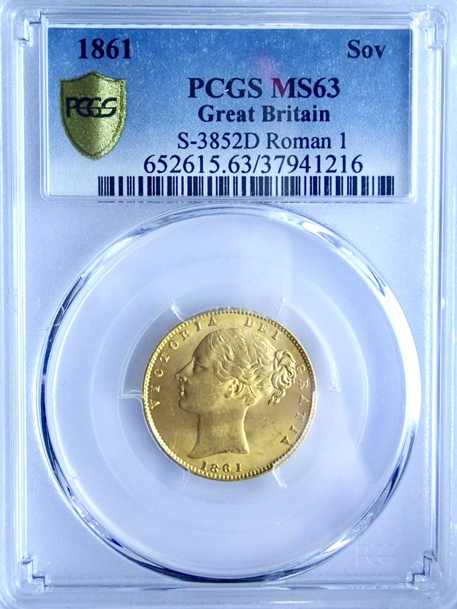 1861 Gold Sovereign Roman 1, PCGS Graded MS63