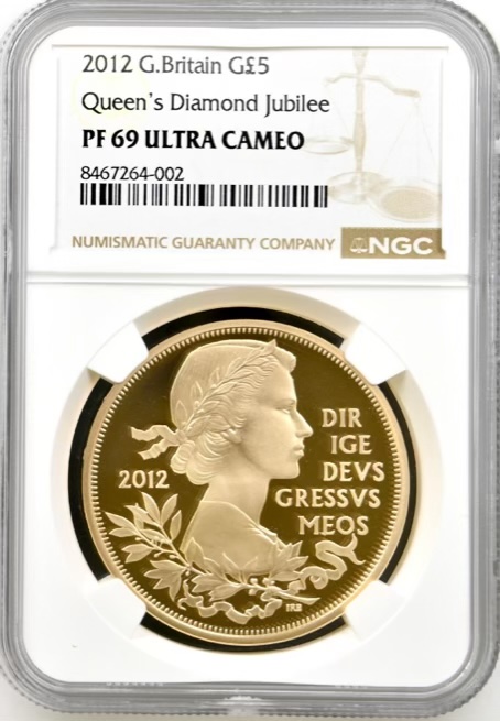 2012 Queen Elizabeth II Diamond Jubilee Gold Proof Five Pounds Crown (£5) NGC Graded PF69 Ultra Cameo