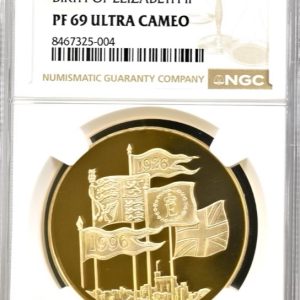 1996 Gold Proof Five Pounds Crown, (£5) Queen Elizabeth II 70th Birthday NGC Graded PF69 Ultra Cameo