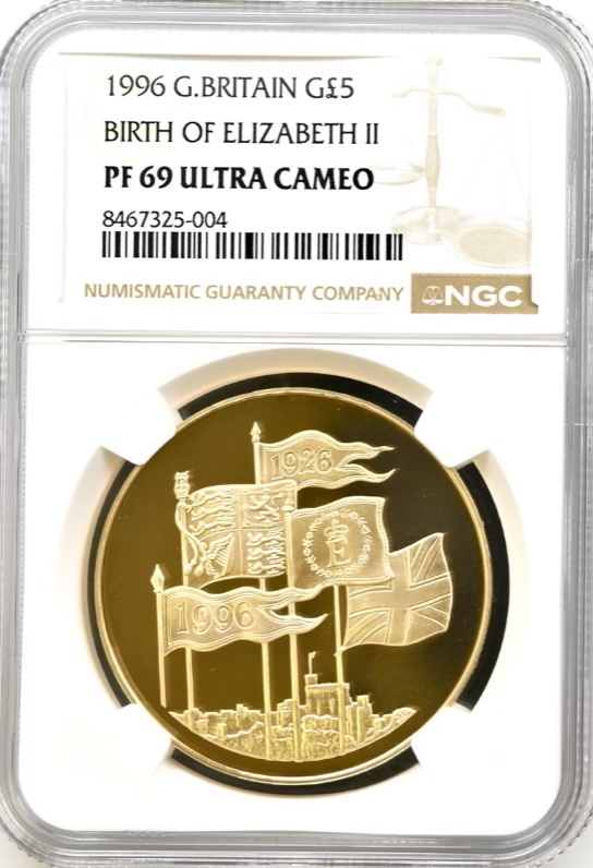 1996 Gold Proof Five Pounds Crown, (£5) Queen Elizabeth II 70th Birthday NGC Graded PF69 Ultra Cameo