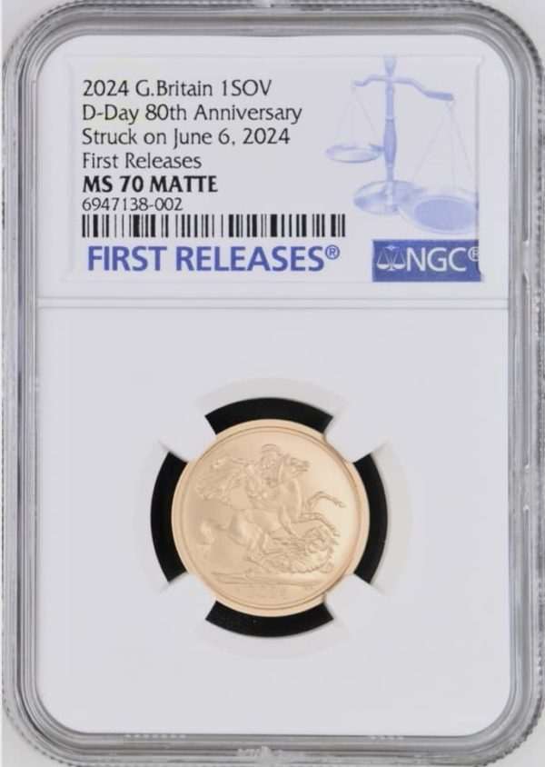 2024 D Day 80th Anniversary Gold Sovereign Struck on 6th June 2024, NGC Graded MS70 Matte