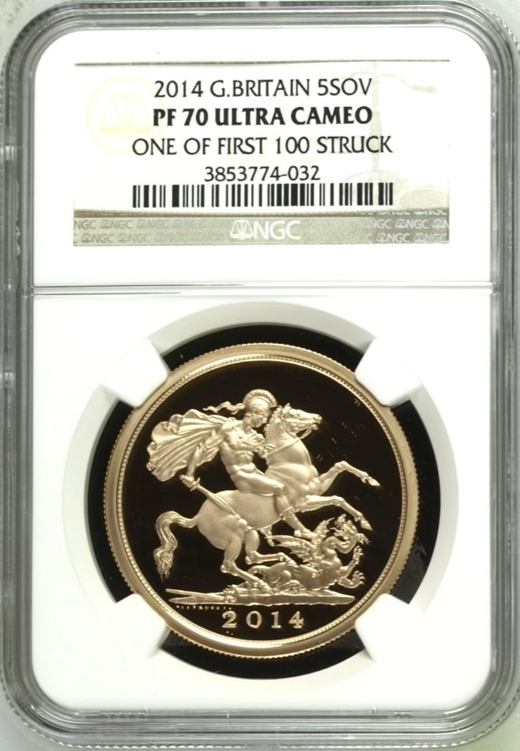 2014 Gold Proof Five Pounds Sovereign (£5) NGC Graded PF70 Ultra Cameo First Releases