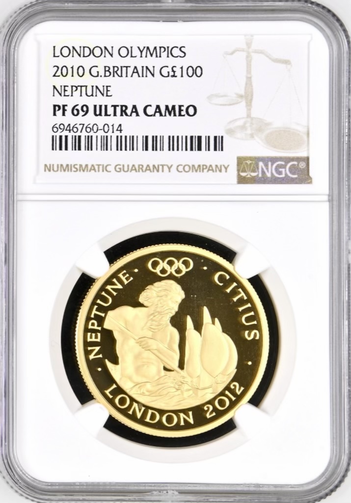 2010 Gold Proof £100 London Olympics - Neptune. NGC Graded PF69 Ultra Cameo