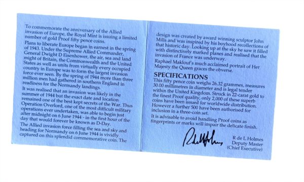 1994 Gold Proof Fifty Pence (50p) D Day Anniversary - Image 4