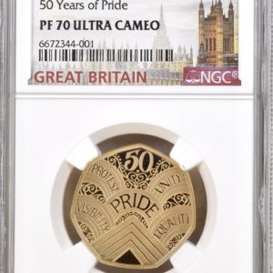 2022 Gold Proof Fifty Pence (50p) Piedfort, 50 Years of Pride. NGC Graded PF70 Ultra Cameo (SINGLE FINEST)