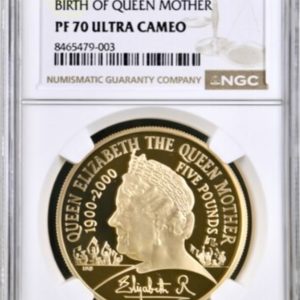 2000 Queen Mother Anniversary of Birth, Gold Proof Five Pounds Crown (£5) NGC Graded PF70 Ultra Cameo