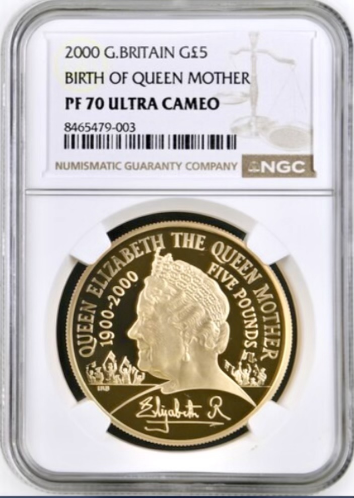 2000 Queen Mother Anniversary of Birth, Gold Proof Five Pounds Crown (£5) NGC Graded PF70 Ultra Cameo