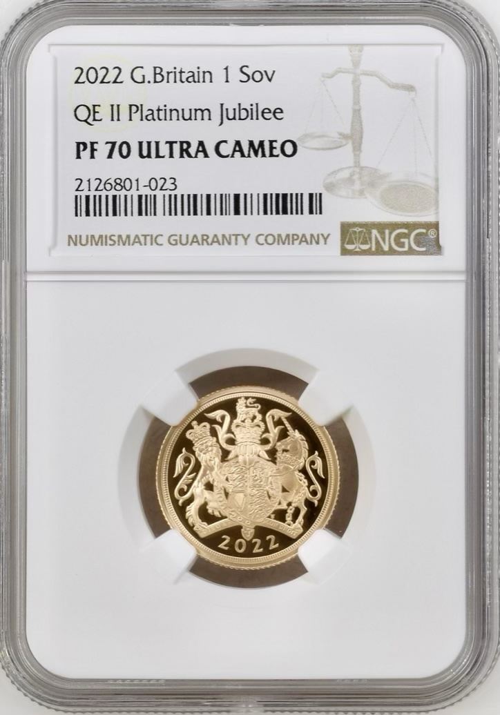 2022 Gold Proof Sovereign, Queen Elizabeth II Platinum Jubilee. NGC Graded PF70 Ultra Cameo