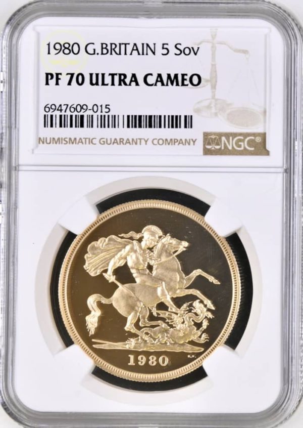 1980 Gold Proof Five Pounds Sovereign, (£5 / 5Sov), George & Dragon NGC Graded PF70 Ultra Cameo