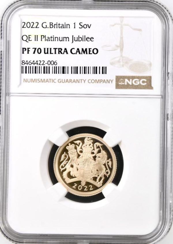 2022 Gold Proof Sovereign, Queen Elizabeth II Platinum Jubilee. NGC Graded PF70 Ultra Cameo