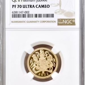 2022 Gold Proof Sovereign, Queen Elizabeth II Platinum Jubilee. NGC Graded PF70 Ultra Cameo