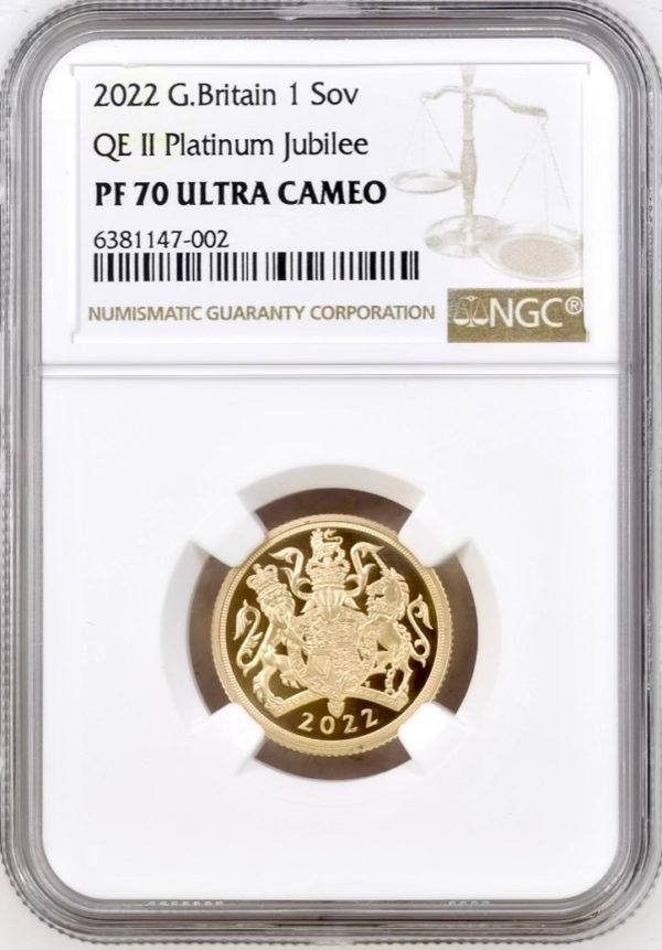 2022 Gold Proof Sovereign, Queen Elizabeth II Platinum Jubilee. NGC Graded PF70 Ultra Cameo