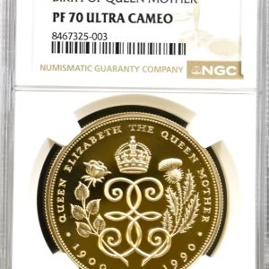 1990 Queen Mother Anniversary of Birth, Gold Proof Five Pound Crown (£5) NGC Graded PF70 Ultra Cameo