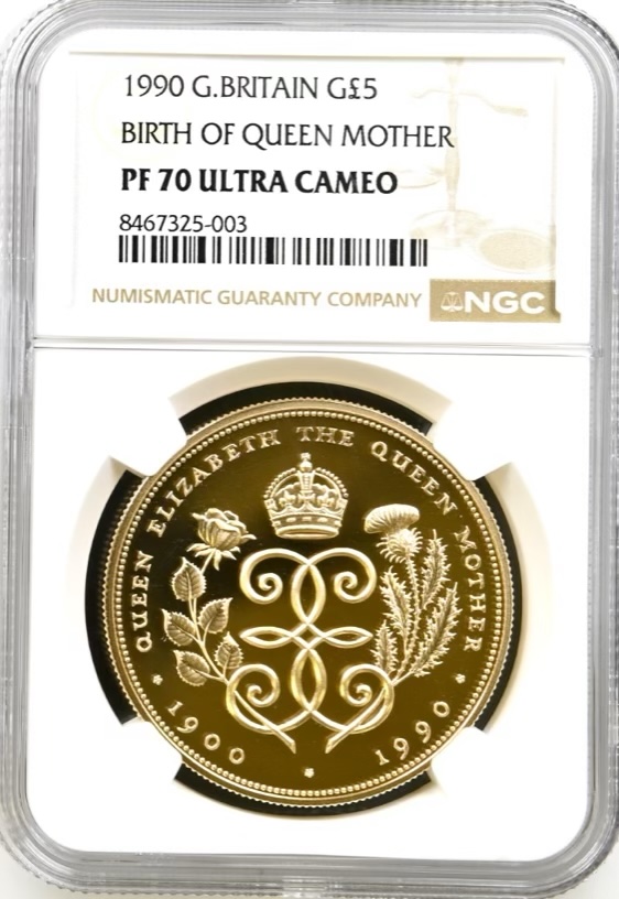 1990 Queen Mother Anniversary of Birth, Gold Proof Five Pound Crown (£5) NGC Graded PF70 Ultra Cameo