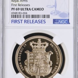 2025 Gold Proof  Five Sovereign (5 Pounds / £5), Merlen Royal Arms Shield Design, NGC Graded PF69 Ultra Cameo First Releases