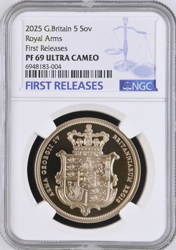 2025 Gold Proof  Five Sovereign (5 Pounds / £5), Merlen Royal Arms Shield Design, NGC Graded PF69 Ultra Cameo First Releases